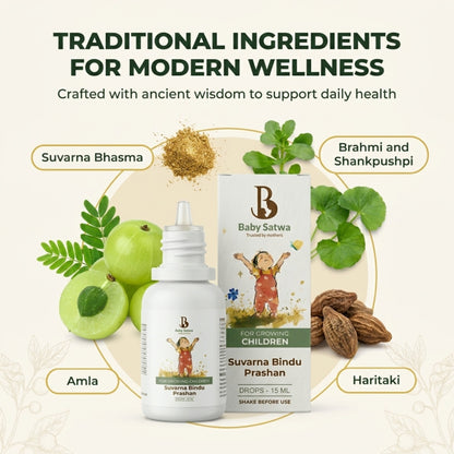 Baby Satwa Suvarna Bindu Prashan Drops for growing children featuring traditional Ayurvedic ingredients including Suvarna Bhasma, Amla, Brahmi, Shankhpushpi, and Haritaki to support daily wellness and healthy development.