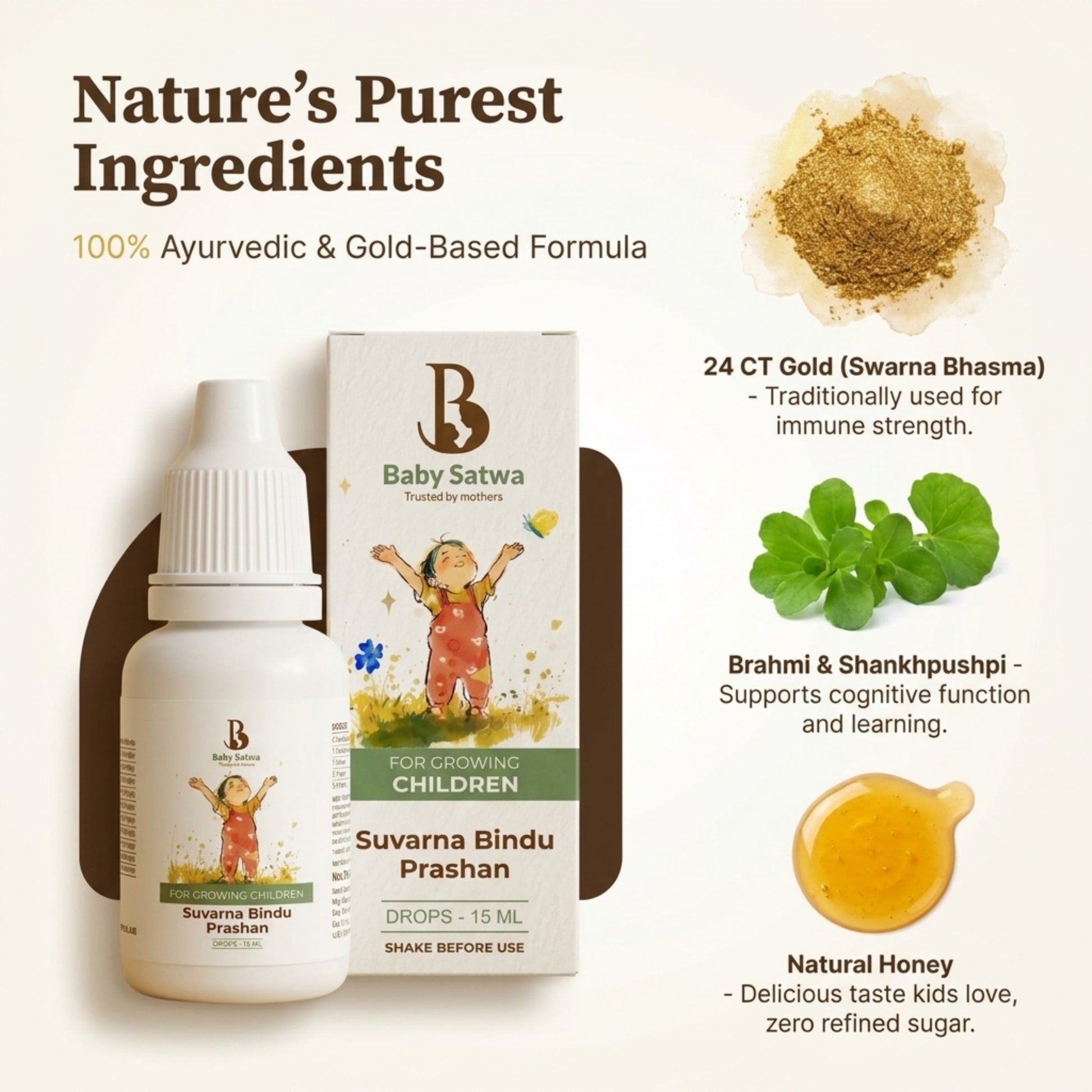 "Baby Satwa Suvarna Bindu Prashan Drops for growing children featuring a 100% Ayurvedic and gold-based formulation with 24 CT Gold (Swarna Bhasma), Brahmi, Shankhpushpi, and natural honey to support children's overall wellness.