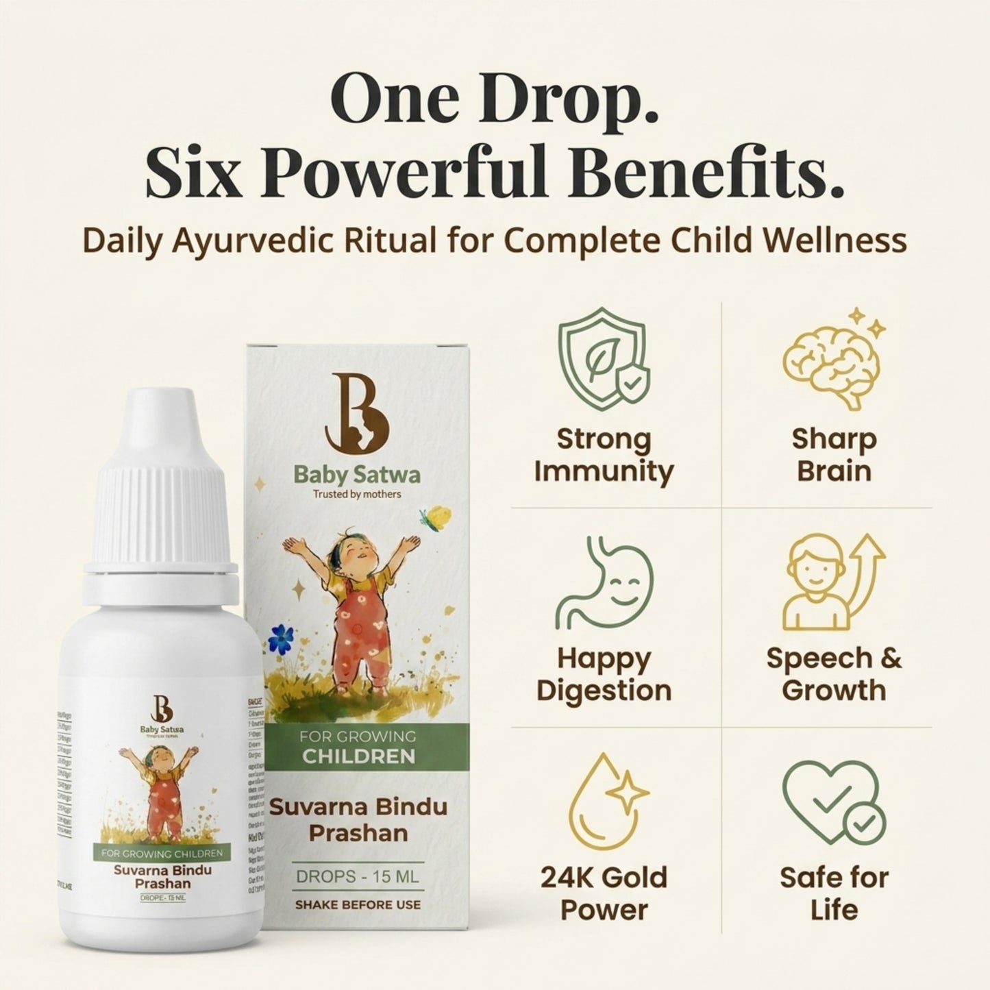 Baby Satwa Suvarna Bindu Prashan Drops for growing children featuring six key wellness benefits including immunity support, brain development, healthy digestion, speech and growth support, 24K gold formulation, and long-term child wellness.