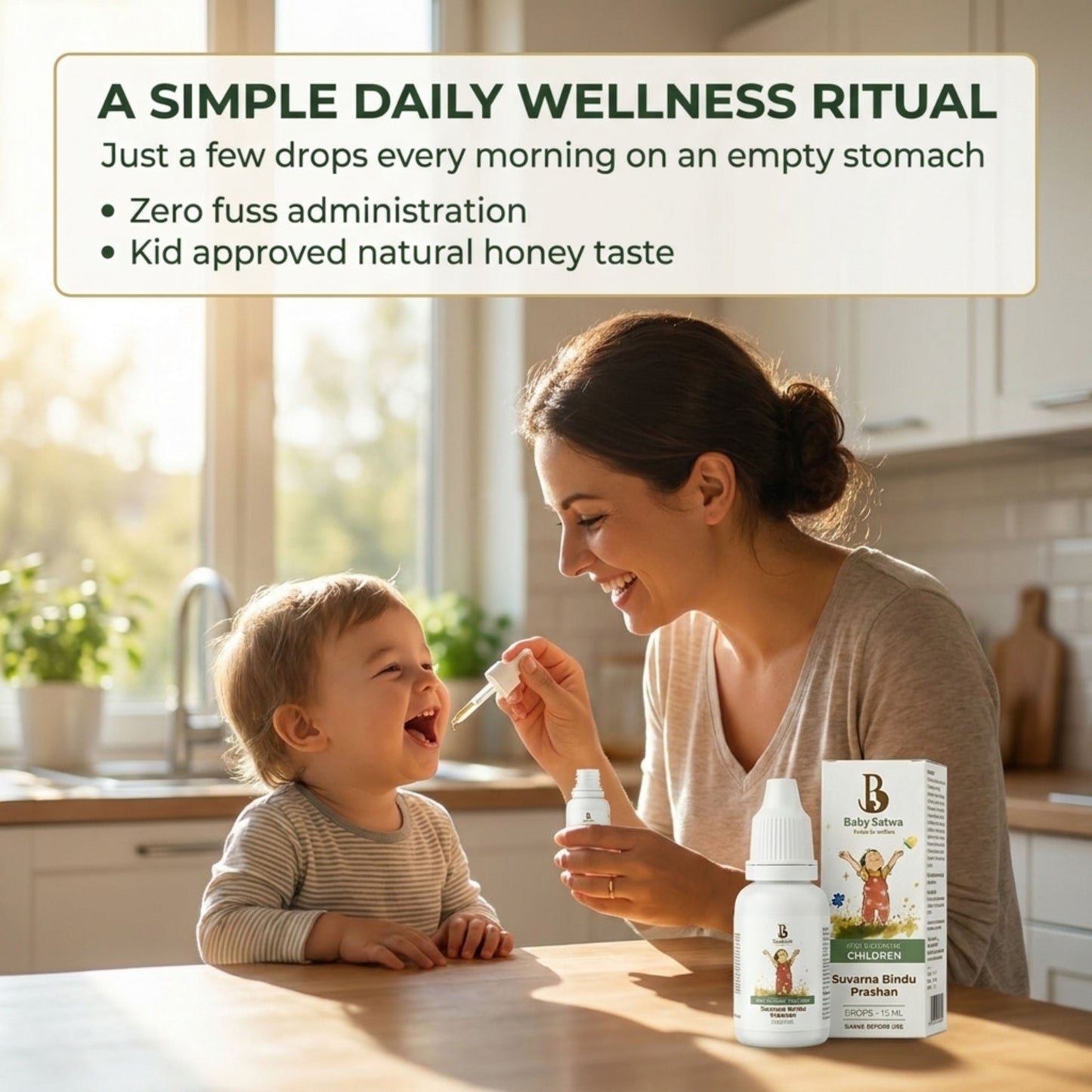 Mother administering Baby Satwa Suvarna Bindu Prashan Drops to a happy child as part of a simple daily wellness routine. Banner highlights easy morning use on an empty stomach, zero-fuss administration, and a kid-approved natural honey taste.
