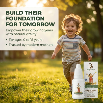 Happy child running outdoors with Baby Satwa Suvarna Bindu Prashan Drops for growing children. Banner highlighting natural vitality, suitable for ages 0–15 years, and trusted by modern mothers.