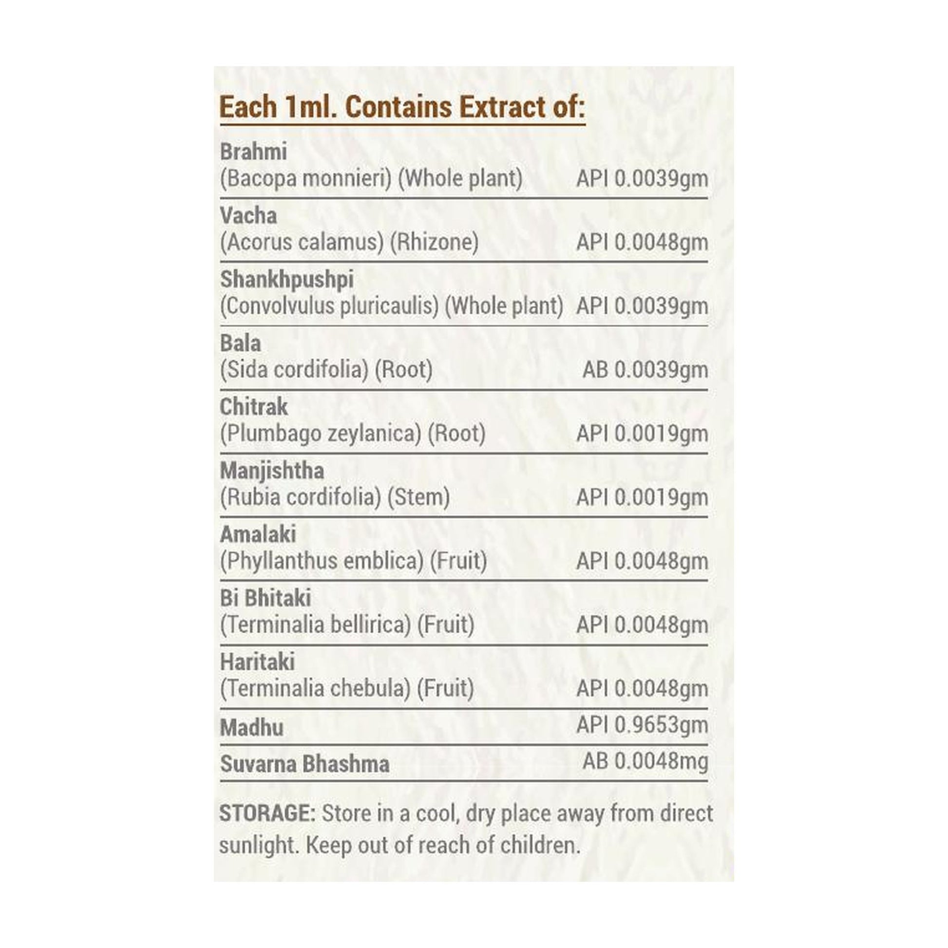 List of herbal ingredients with their quantities on a white background